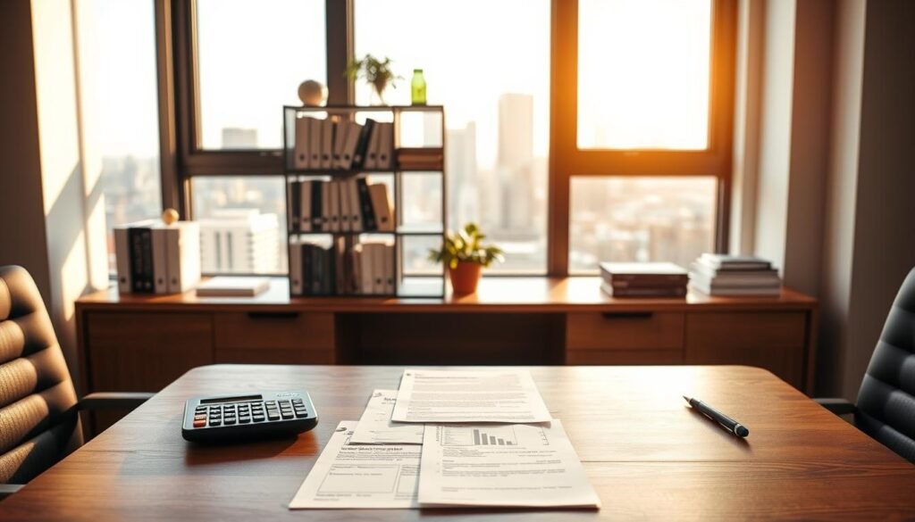 A-modern-office-setting-with-a-large-wooden-desk-in-the-foreground.-On-the-desk-various-life--1024x585 Find the Right Life Insurance Cost for You