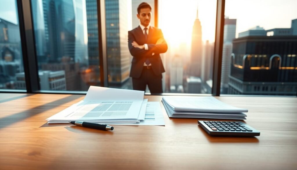A-modern-sleek-office-setting-with-a-large-wooden-desk-in-the-foreground-upon-which-various-1024x585 Top Tips for Choosing the Right Business Insurance