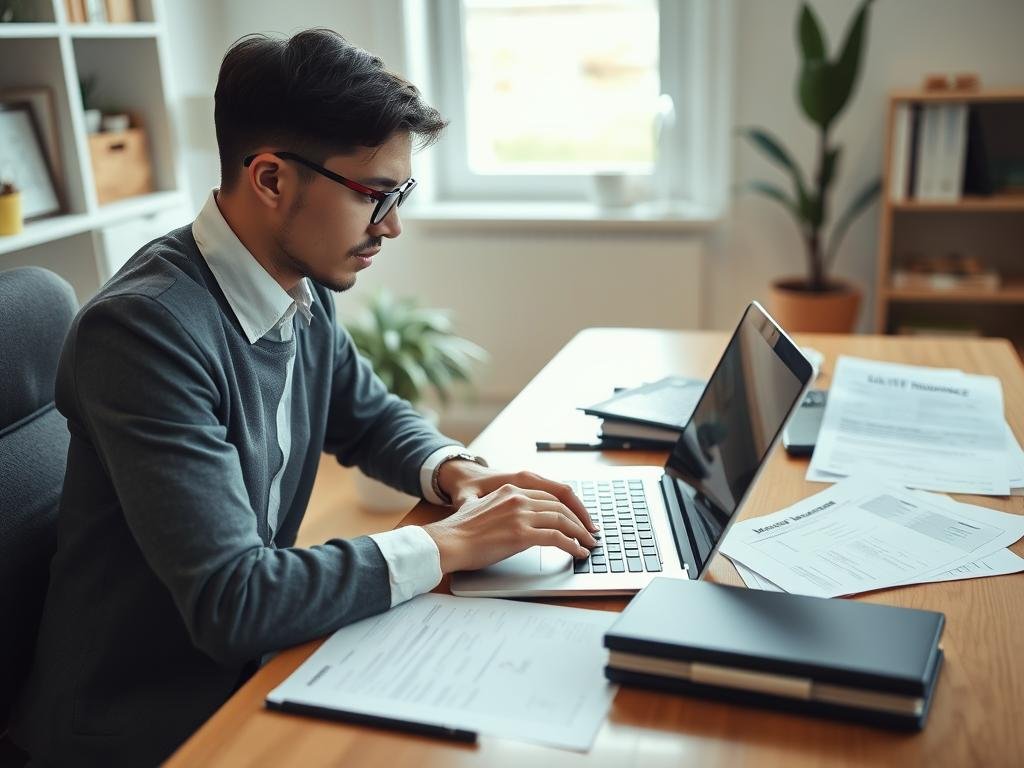 Self-employed-person-working-on-laptop-with-health-insurance-documents Are Health Insurance Premiums Tax Deductible? A Complete Guide for 2025